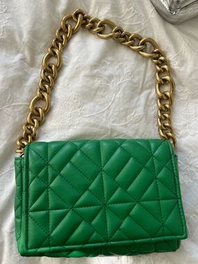 Zara Quilted Green Leather Crossbody with Gold Chain